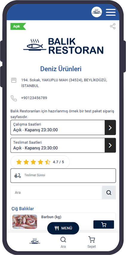 Balık restoranı mobil sipariş sayfası