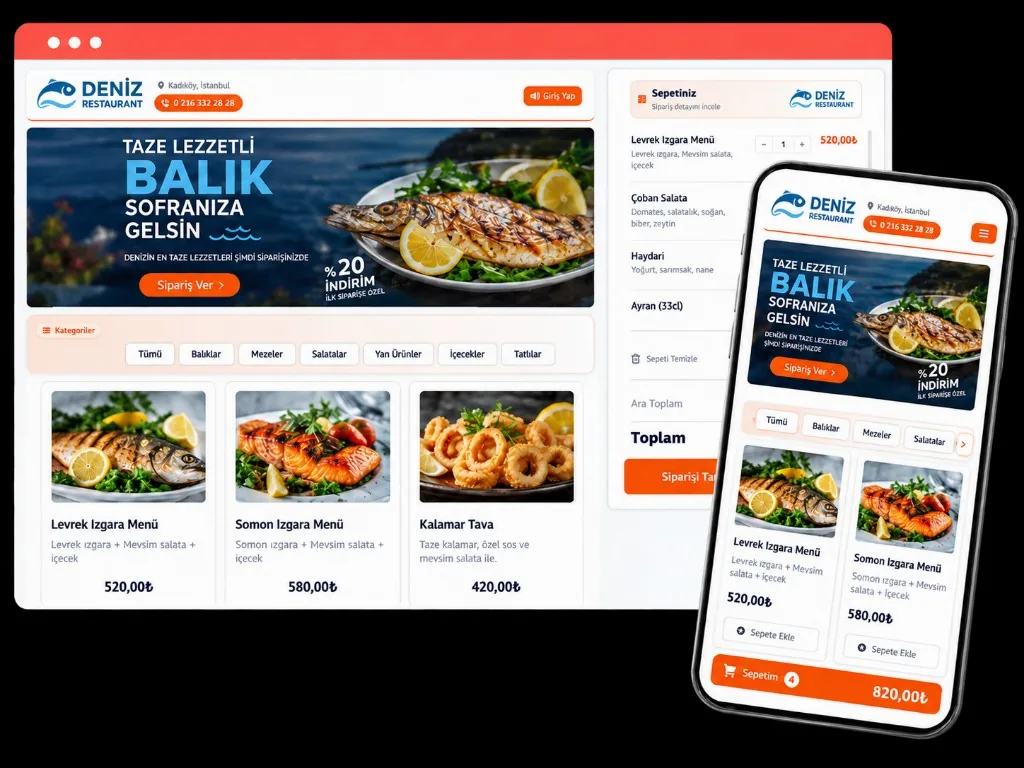 Balık restoranı markalı online sipariş sayfası — telefon ve masaüstü