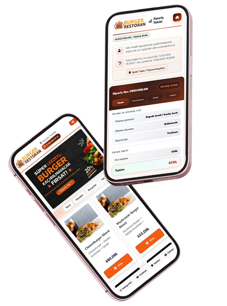 Restoran sipariş sistemi web ve mobil görünümü