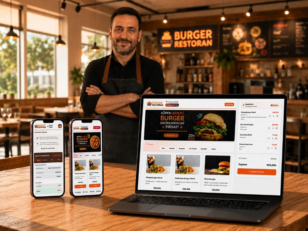 Online-Bestellung auf Laptop und Smartphones in einem Burger-Restaurant