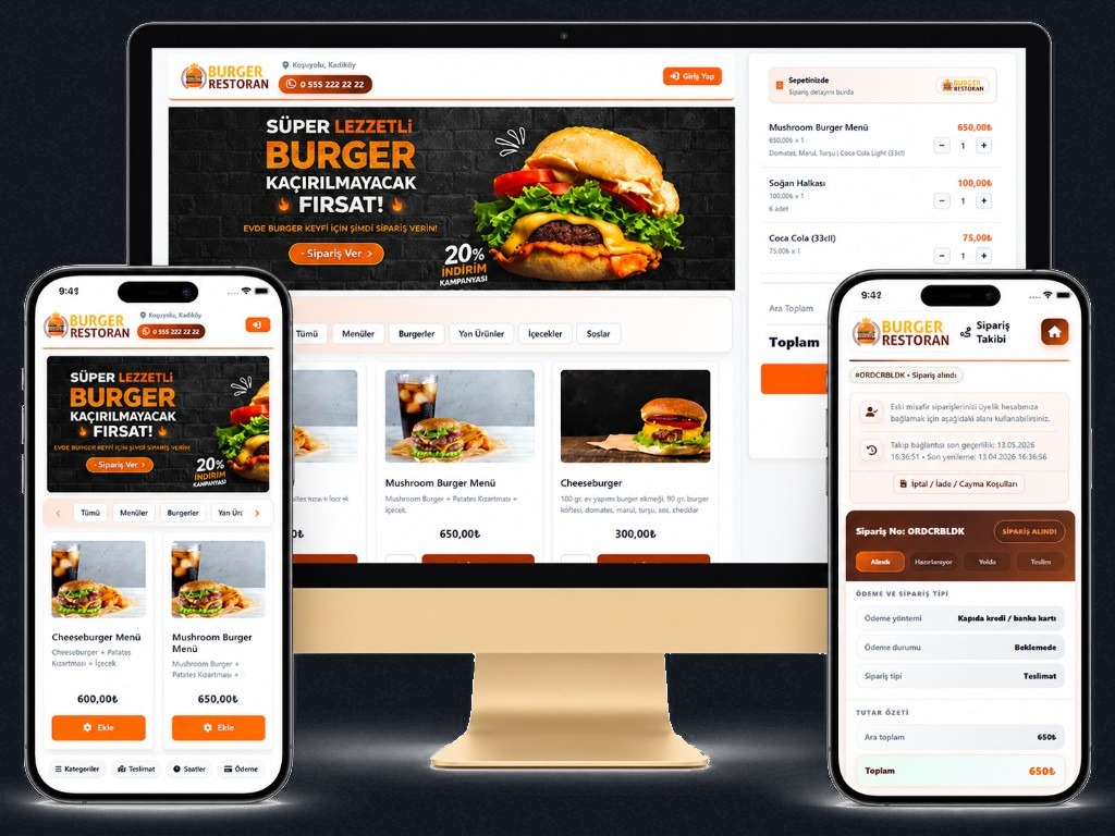 Burger sipariş sitesi mobil ekranı