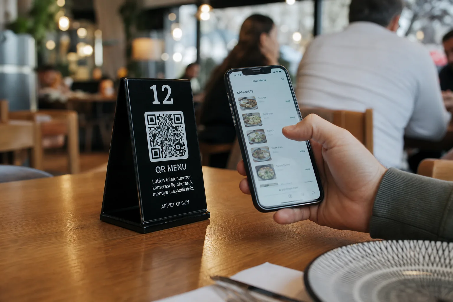 Masada QR kod okutup telefonundan menüye bakan müşteri