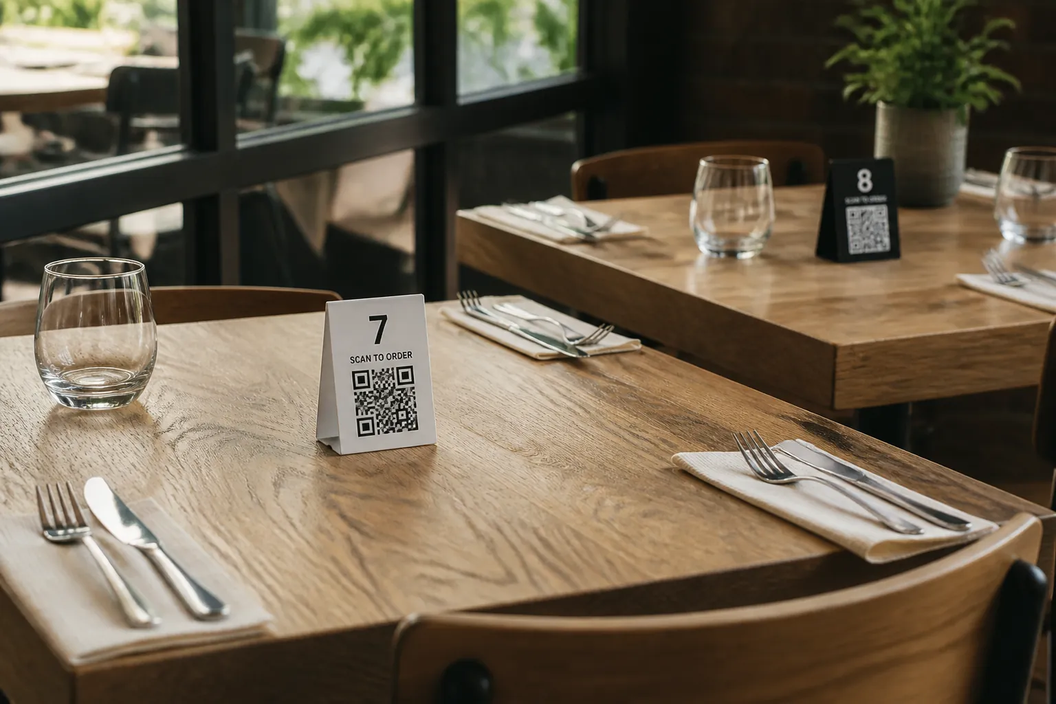 Masalarda numaralı QR standları — her masa kendi sipariş oturumuna bağlı