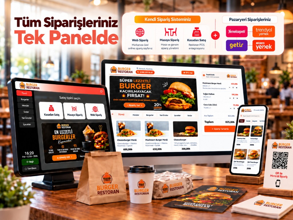 Tüm siparişleriniz tek panelde: web, masa, kasa siparişi ve pazaryeri entegrasyonları