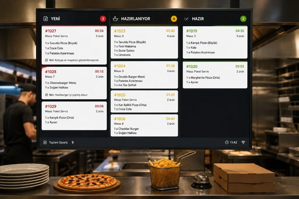 Kitchen display (KDS): New, Preparing, and Ready order queue