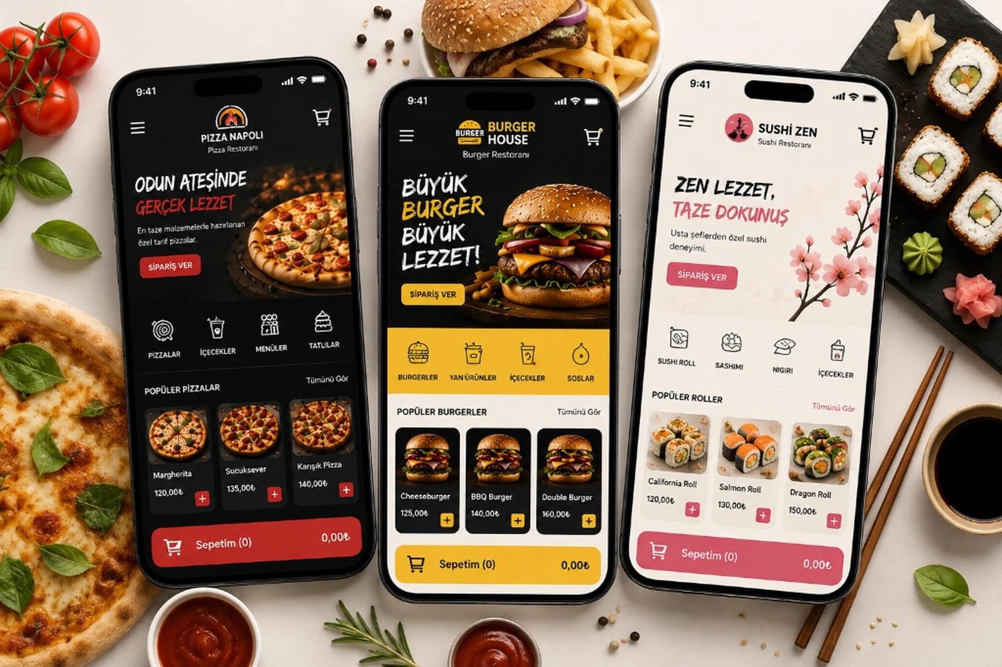 Markenspezifische mobile Bestellung: Pizza-, Burger- und Sushi-Restaurantbeispiele