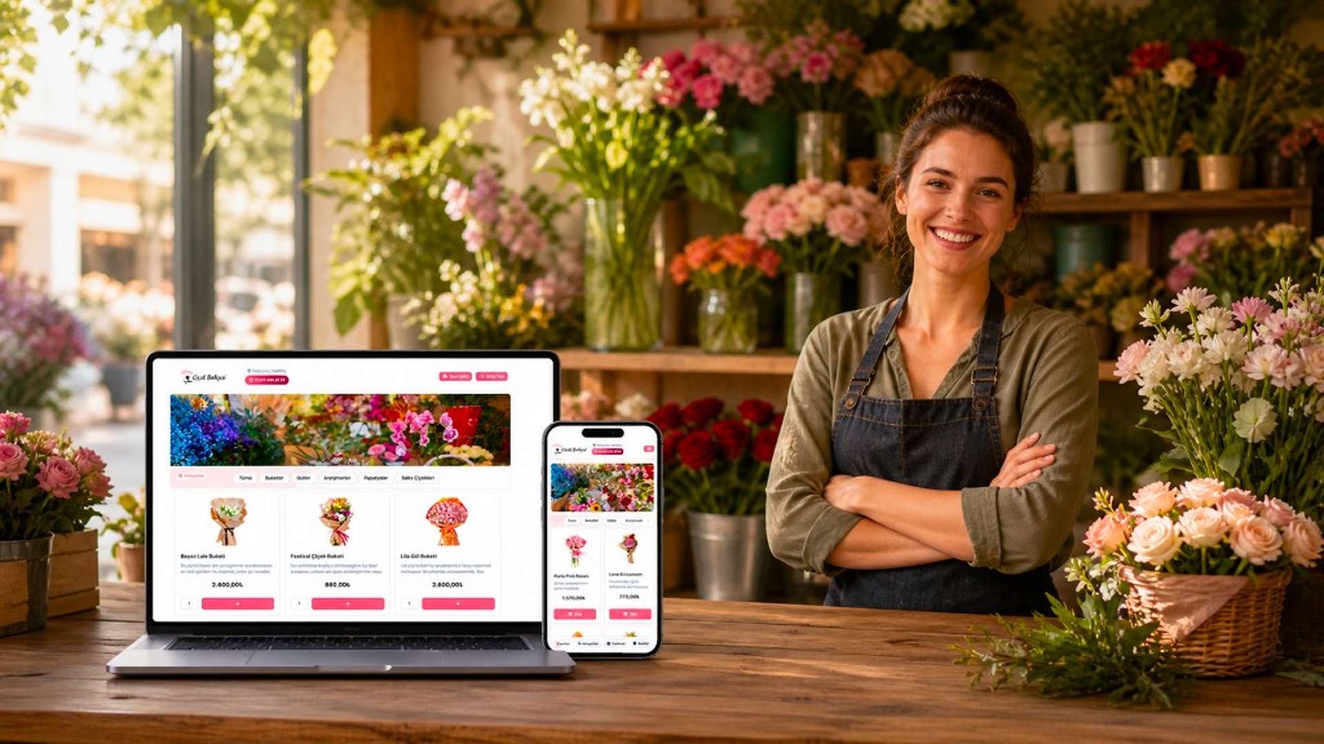 Çiçekçi işletmesinde online sipariş; masaüstü ve mobil Dijifiş sipariş ekranları.