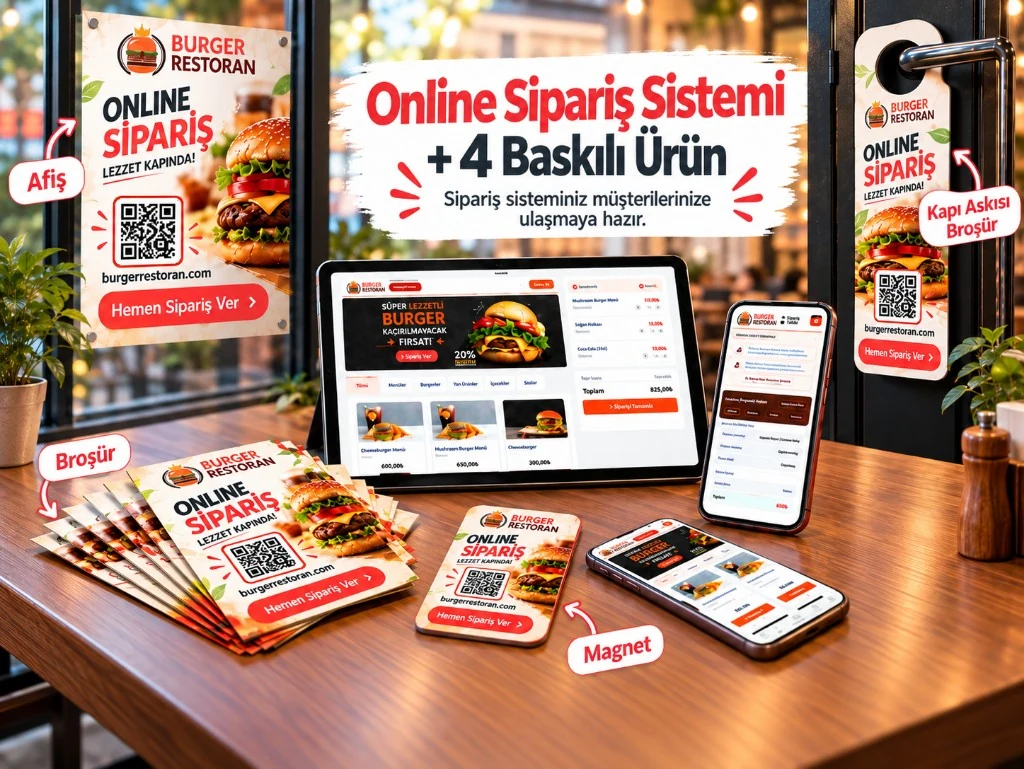 Online-Bestellsystem mit Plakat, Magnet, Flyer und Türhänger