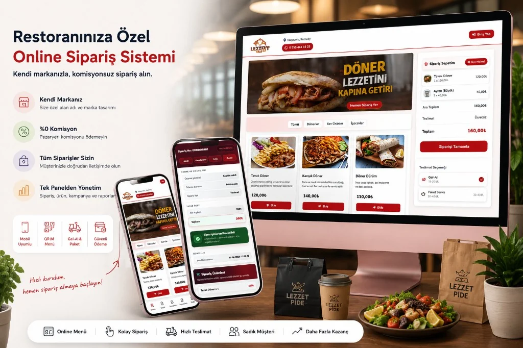 Komisyonsuz online yemek sipariş sistemi — masaüstü ve mobil görünüm