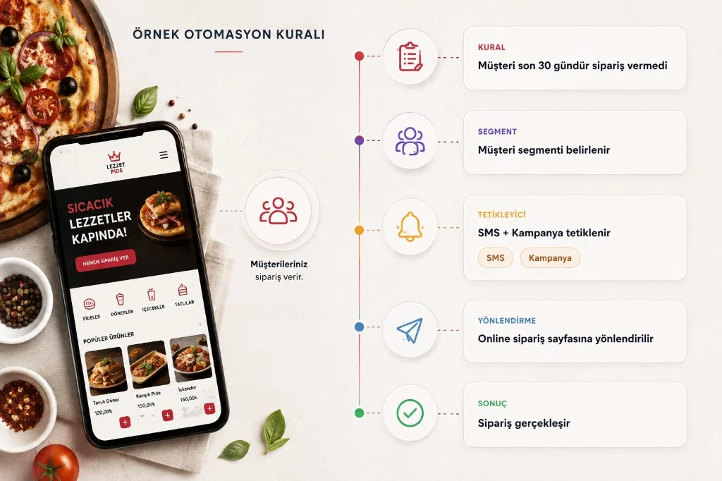 Sample automation rule: customer orders, 30-day silence, segment, SMS and campaign, online order, result