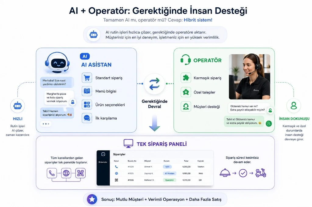 Hybrider Bestellfluss mit KI-Assistent und Operator, Übergabe und zentralem Bestellpanel