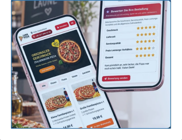 LUNA PIZZA markalı Almanca mobil sipariş ve değerlendirme ekranları