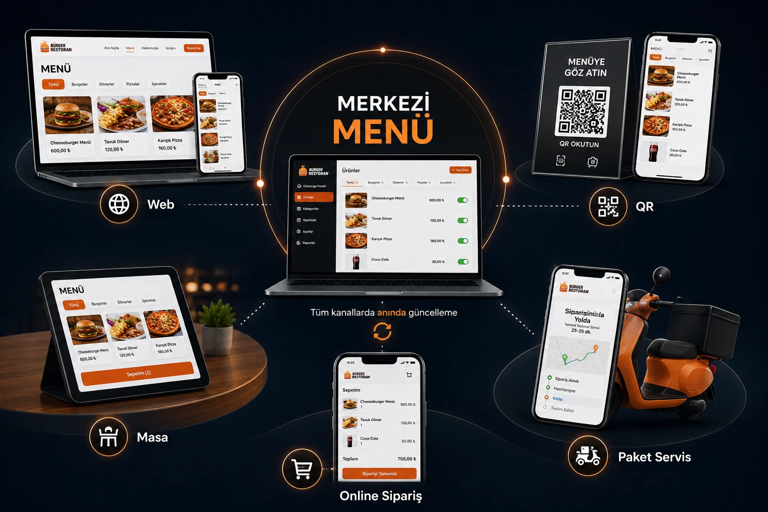 Merkezi menü: tek panelden Web, QR menü, Masa, Online sipariş ve Paket servis kanallarına anında güncelleme
