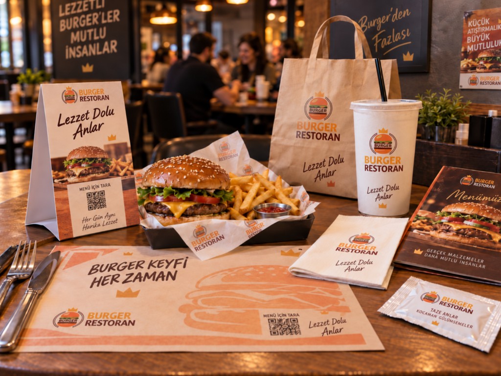 Restoran için baskılı peçete, ıslak mendil, amerikan servis, menü ve paket ürünler