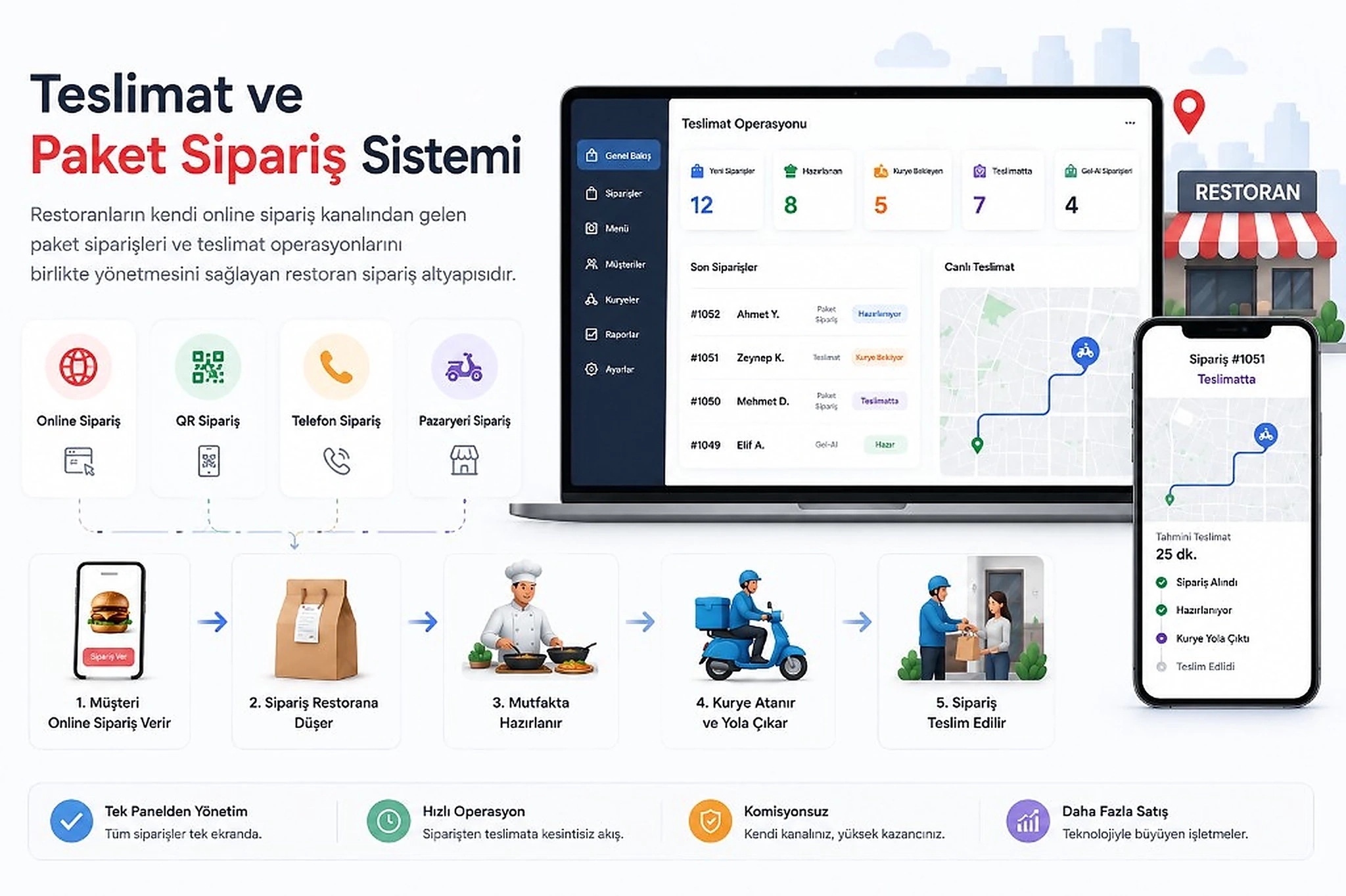 Delivery and takeaway ordering system: one-panel flow from online order to kitchen, courier, and delivery